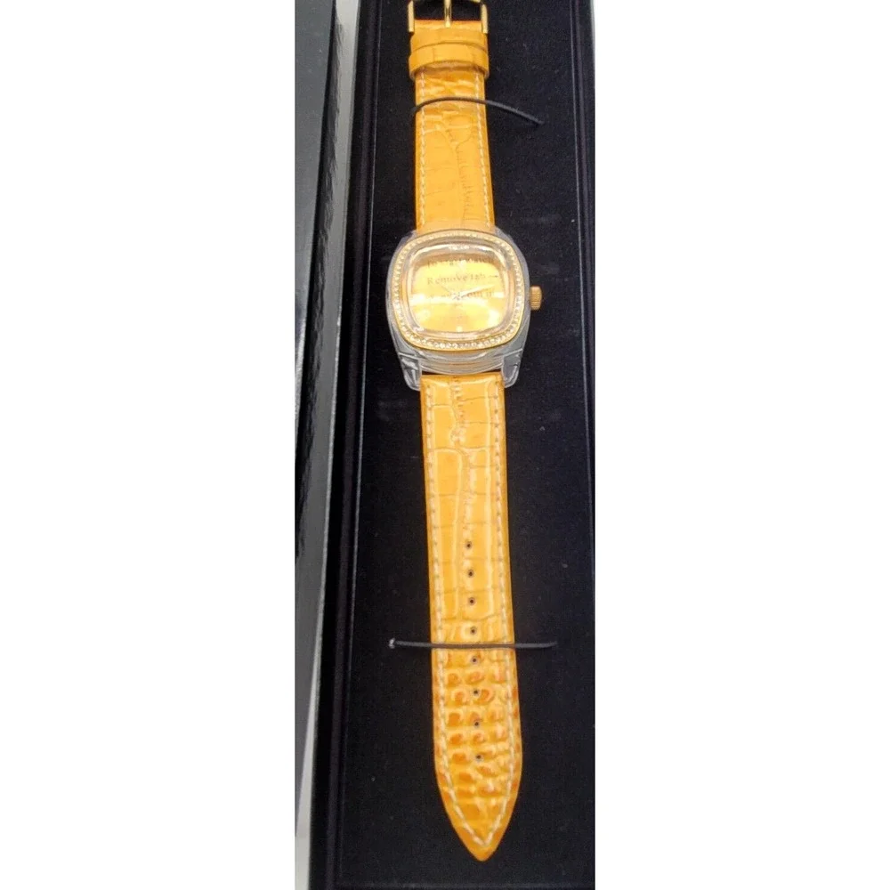NEW Joan Rivers Classics Yellow Rhinestone Bezel Watch Black Box Leather‎ Strap